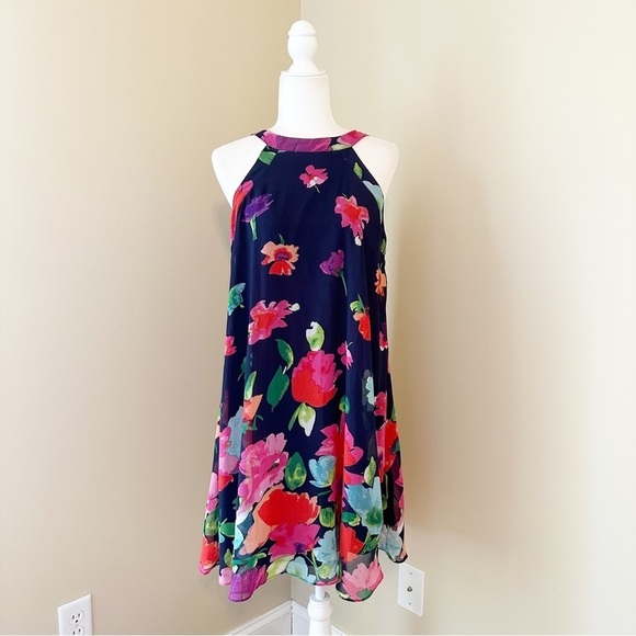 Betsey Johnson Floral Navy Halter Swing Dress - 10 - Picture 1 of 9